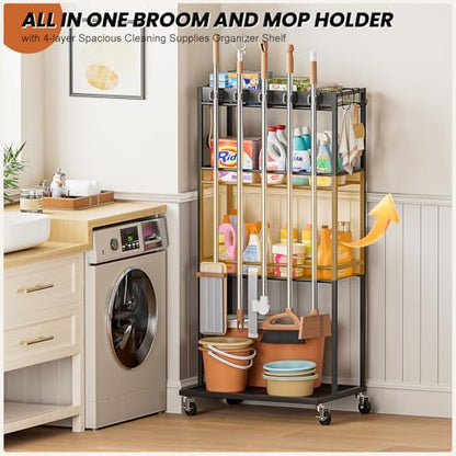Olakee Taller Broom Holder with Cleaning Supplies Organizer, Broom Closet Storage Cabinet with Mop Hanger Gripper Rack Hooks, Housekeeping Janitorial Cart with Cleaning Caddy, Garage Home Improvement - size: Elevated