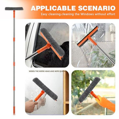 Professional 2 in 1 Window Squeegee with 68" Long Stainless Steel Handle,Microfiber Cloth and Rubber Car Window Squeegee for Gas Station, Glass,Shower