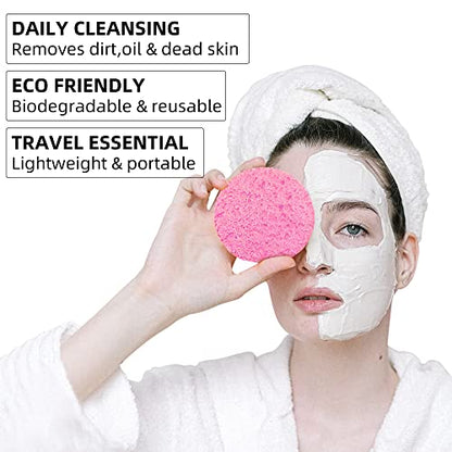 60-Count Compressed Facial Sponges|100% Natural Kickleen Cellulose Cosmetic Spa Sponges for Daily Facial Cleansing|Makeup and Mask Removal | Exfoliating | Skin Massage | Pore Exfoliation(Pink) - color: Pink