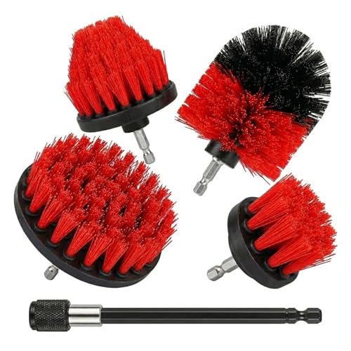 Drill Brush Attachment Set, 5 Pack Power Scrubber Cleaning Brush Kit with Extension Rod for Bathroom, Tub, Tile, Grout, Kitchen, Floor and Wheel Rims (Red) - color: Red