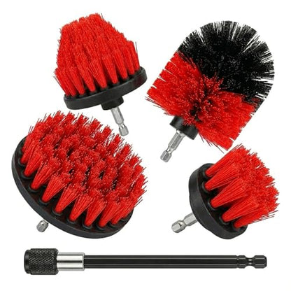 Drill Brush Attachment Set, 5 Pack Power Scrubber Cleaning Brush Kit with Extension Rod for Bathroom, Tub, Tile, Grout, Kitchen, Floor and Wheel Rims (Red) - color: Red