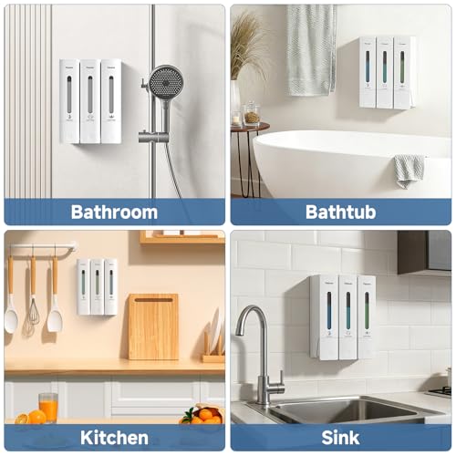 Shampoo and Conditioner Dispenser - Shower Soap Dispenser Wall Mounted No Drill - Shampoo Conditioner Body Wash Dispenser 3 Chamber - Easy Install for Bathroom Hotel White 1200ml - color: White 3