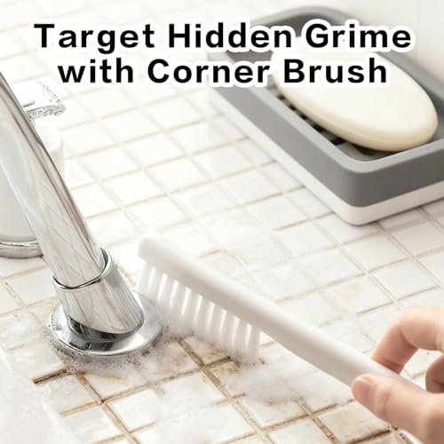 Silicone Toilet Brush Set with Corner Brush & Wall-Mounted Holder, No-Scratch Design with Drainage Holes, Adhesive Installation, White