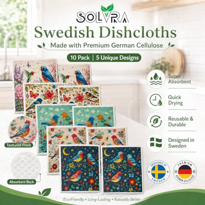 10 PCS Birds Print Swedish Dishcloths for Kitchen 100% Biodegradable, Reusable Cellulose Sponge Cloths Ultra Absorbent, Eco Friendly Cleaning Towels Dishcloths for Washing Dishes & General Cleaning - color: 10 Pcs-birds Print