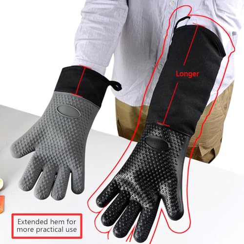 1 Pair Extra Long Professional Oven Mitts, Non-Slip Silicone Grip Heat Resistant,19.7" Length,Up to 572℉ for BBQ Cooking Baking Grilling (Black) - color: Black