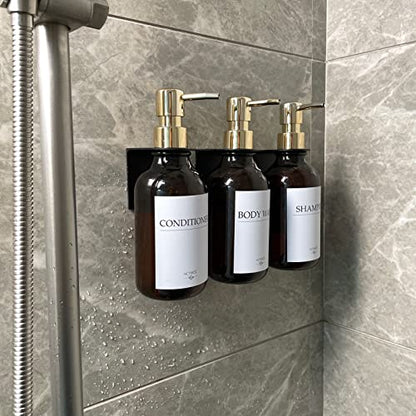 Shampoo Dispenser for Shower Wall, Shampoo and Conditioner Dispenser with 16 Waterproof Labels, No Drill Shower Soap Dispenser Bathroom, Shower Soap Dispenser Wall Mounted,17oz, 3 Pack, Gold Amber - color: 1-amber Bottle + Gold Pump
