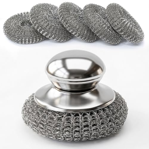 5 Pcs Steel Wool Scrubber with Handle: Stainless Steel Scrub Set for Cast Iron Scouring Stubborn Messes from Cast Iron, Pots, Pans, Grill, Stoves, Sink (1 Scrubber + 5 Pads)