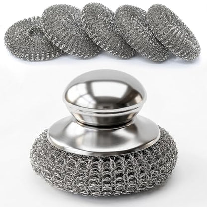 5 Pcs Steel Wool Scrubber with Handle: Stainless Steel Scrub Set for Cast Iron Scouring Stubborn Messes from Cast Iron, Pots, Pans, Grill, Stoves, Sink (1 Scrubber + 5 Pads)