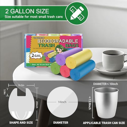 2 Gallon Small Bathroom Trash Bags - Colorful Biodegradable With Handles Mini Garbage Bags 100 Count Unscented Kitchen Car Office Little Wastebasket Liners 7.5 Liter Strong Thick Bulk Vincereon