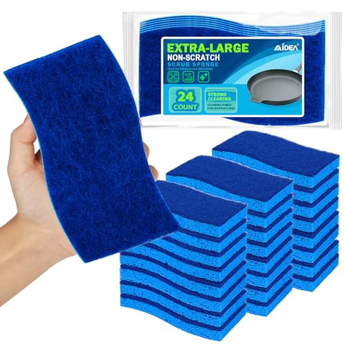 AIDEA XL Scrub Sponges Non-Scratch 24Count, Extra Large Sponges Kitchen, Sponge for Dishes, Cleans Fast Without Scratching Safe for Non-Stick Cookware, Cleaning Power for Kitchen, House - color: Blue-extra Large