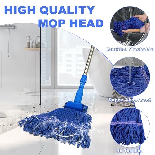 NEWE Commercial Mop for Floor Cleaning, Heavy Duty Industrial Mops with 55 inches Long Handle, Looped-End Wet Dry String Mop for Hardwood Tile Concrete Home Kitchen Office Garage (Blue)