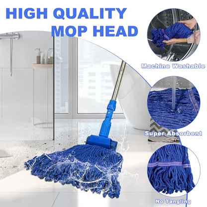 NEWE Commercial Mop for Floor Cleaning, Heavy Duty Industrial Mops with 55 inches Long Handle, Looped-End Wet Dry String Mop for Hardwood Tile Concrete Home Kitchen Office Garage (Blue)