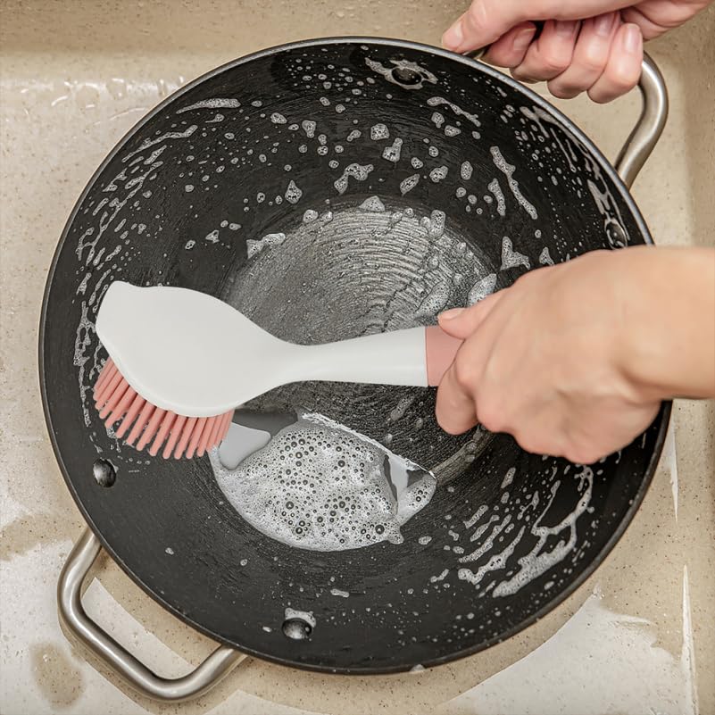 Didiseaon Silicone Pot Brush 2Pcs Set with Long Handle for Non-Stick Cookware Cleaning Grease and Grime Removal, Comfortable Grip for Home Kitchen Use