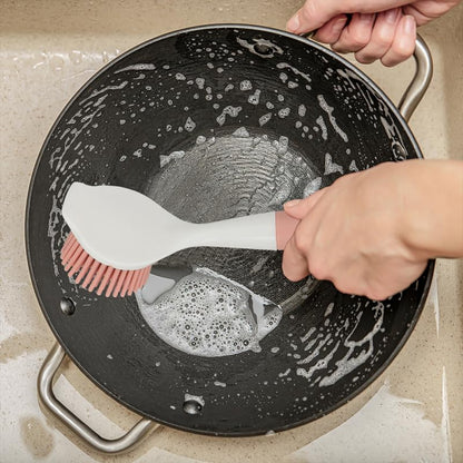 2 PCS Silicone Dishwashing Brush, Non-Stick Pot Scrubber with Long Handle, Durable Scrub Brushes for Cleaning Dishes, Cast Iron Pans, Sinks and Kitchen Cookware, Heat Resistant Cleaning Tool