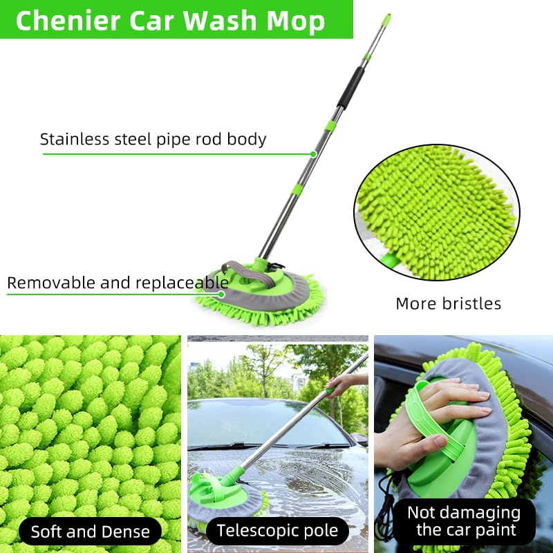 62" Car Wash Brush Kit Mitt Mop Sponge with Long Handle, Chenille Microfiber Car Cleaning Brush Kit, Windshield Window Squeegee, Car Care Kit of Scratch-Free Replacement for Cleaning Car, RV, Truck - size: 7 Pack