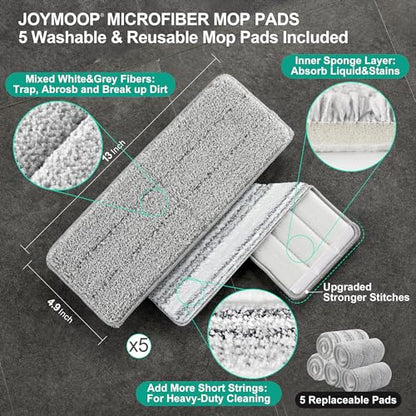 JOYMOOP Flat Mop System, Microfiber Mop and Bucket Set, White, Hands-Free Floor Cleaning Set with Wringer, 60" Handle, Wet and Dry Use, 5 Reusable Pads - size: Middle Bucket #13 + 60" Flat Mop + 5 Pads