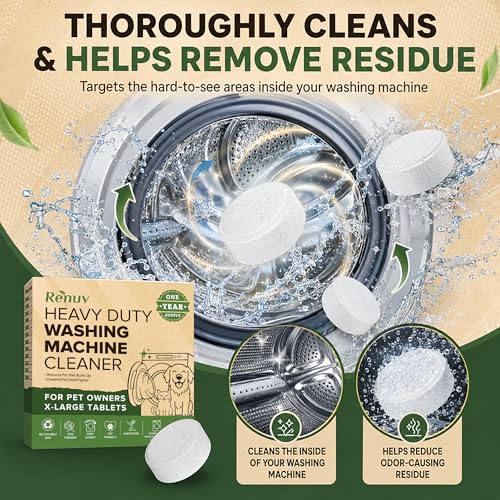 Renuv® Heavy Duty Washing Machine Cleaner For Pet Owners, 12 XL Tablets | For Dog & Cat Hair, Removes Stink, Odor, Residue, Grime, Front Load or Top Load Washer, HE and Septic Safe, 1 Year Supply - style: 12 Tablets