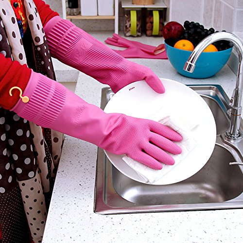 Long Cuff Rubber Cleaning Gloves for Household and Kitchen, Durable Dishwashing Gloves with Textured Grip, Medium Size Protection Reusable for Deep Cleaning, Mopping, and Car Detailing, Pink