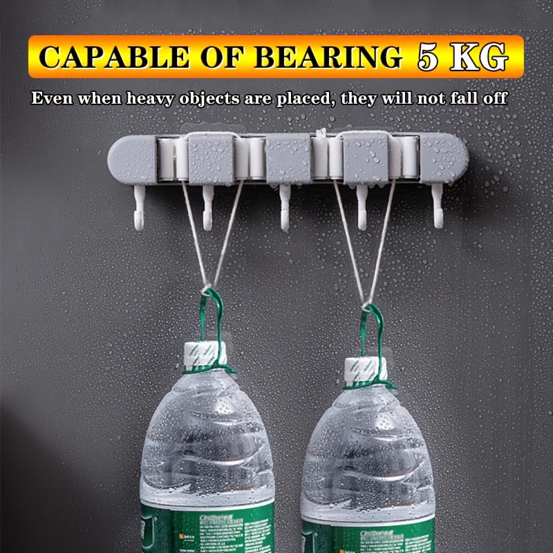 Multi-Functional Mop Broom Holder - No-Drill Wall-Mounted Rack with Strong Adhesive & Elastic Silicone Clips& Hooks for Bathroom/Kitchen