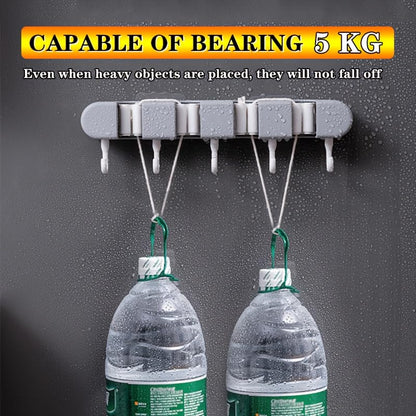 Multi-Functional Mop Broom Holder - No-Drill Wall-Mounted Rack with Strong Adhesive & Elastic Silicone Clips& Hooks for Bathroom/Kitchen