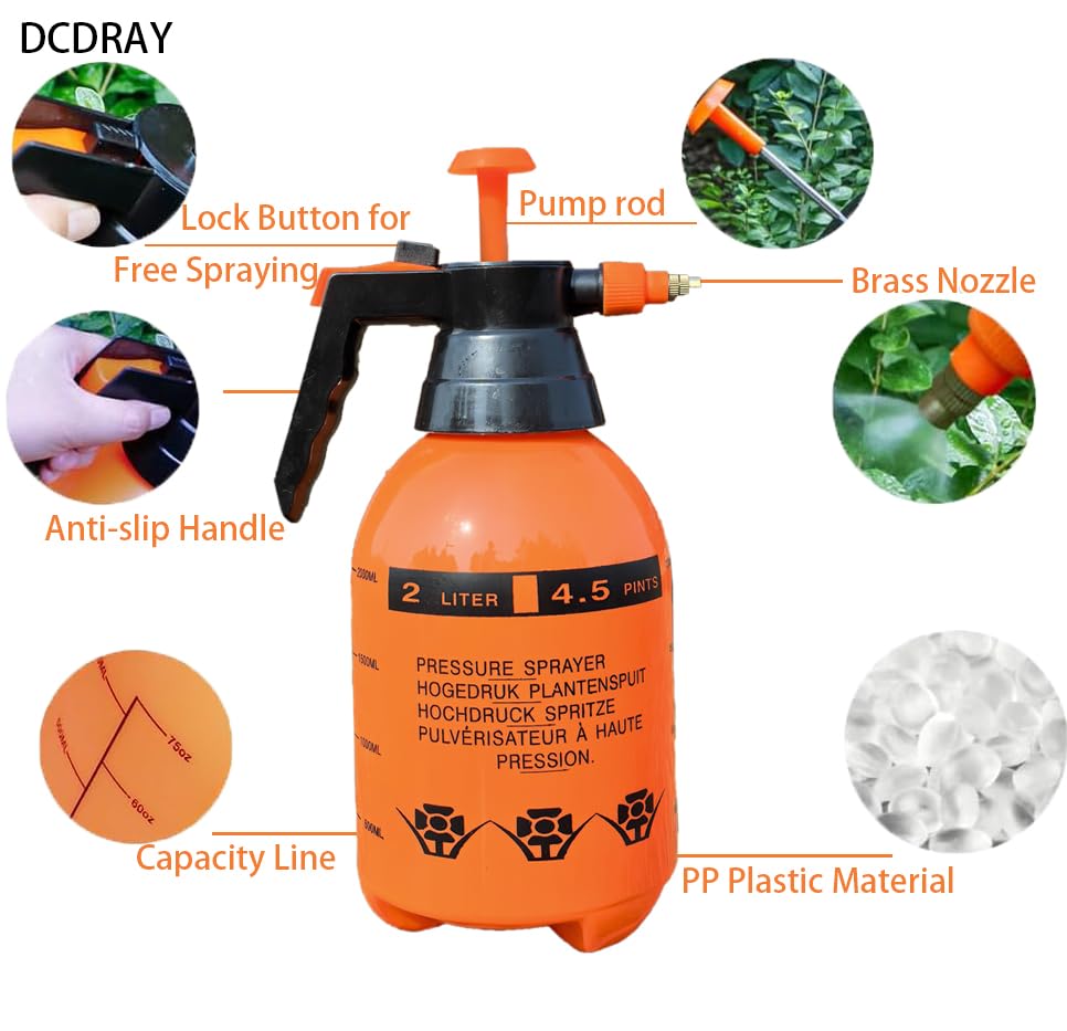 2L Handheld Garden Pump Sprayer 0.5 Gallon Water Mist Spray Bottle for Plants with Adjustable Brass Nozzle Orange (2L Orange)