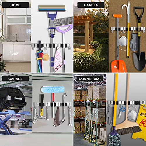 Broom Hanger Wall Mounted, 2PCS Mop and Broom Holder Wall Mount Garage Organization and Storage Stainless Steel Kitchen Tool Organizer Wall Hanger for Laundry Room Garden Garage Closet Kitchen