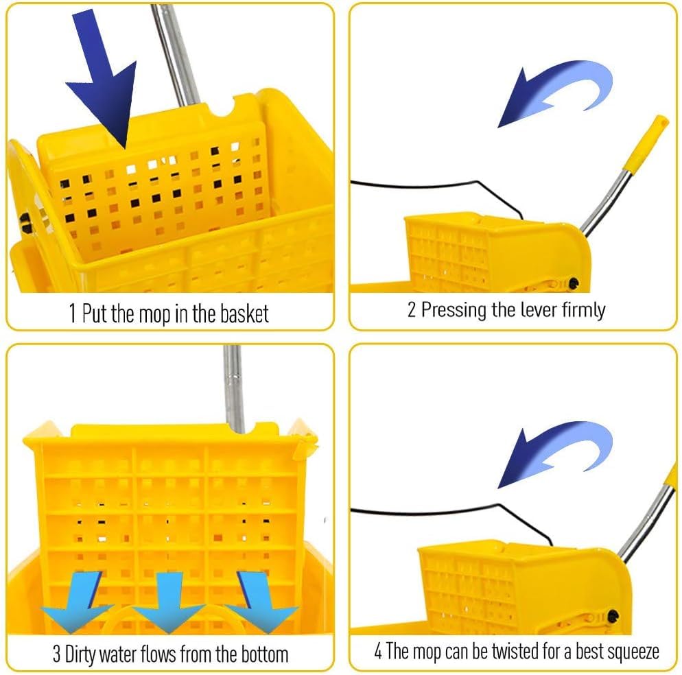 Industrial Mop Bucket with Wringer, Basics Side Press 5.28 Gallon Commercial Mop Bucket with Wheels Yellow Color Combo Bucket for Home Cleaning (Yellow)