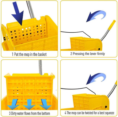 Industrial Mop Bucket with Wringer, Basics Side Press 5.28 Gallon Commercial Mop Bucket with Wheels Yellow Color Combo Bucket for Home Cleaning (Yellow)