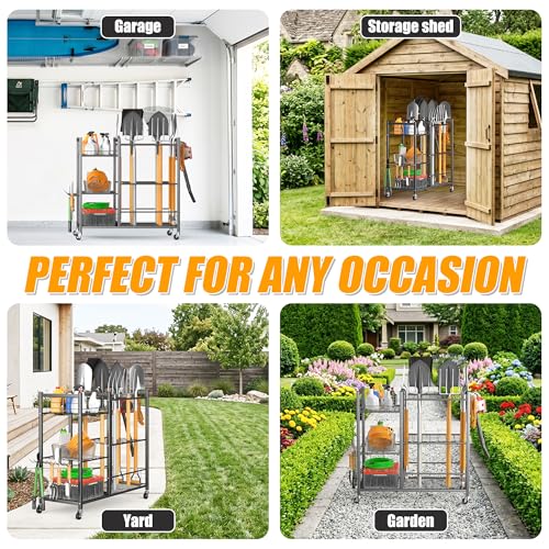 Ultrawall Garden Tool Organizer with Lockable Wheels, Yard Tool Storage Rack for Garage, Garden Tool Stand for Rake, Brooms, Indoor & Outdoor Use - size: Large