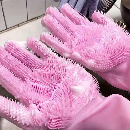 Kitchen Pot and Dish Washing Gloves, Made of Silicone, Household Cleaning Gloves for Home Use, Suitable for Kitchen Cleaning - color: Pink
