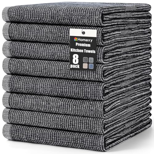Homaxy Premium Kitchen Towels(18”x 28”, 8 Pack), Large Cotton Kitchen Hand Towels, Flat and Terry Dish Towels, 380 GSM Highly Absorbent Tea Towel Set with Hanging Loop, Black - color: Black, style: 8-pack