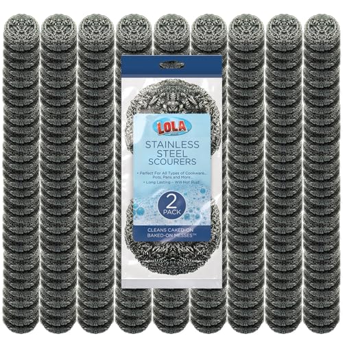 Stainless Steel Wool Scouring Pads, 288 Pack, by LOLA Brand, 18 Grams - Curled Flat Wire, Cleans Caked On & Baked On Messes on Cookware - size: 288 Pack, style: Standard