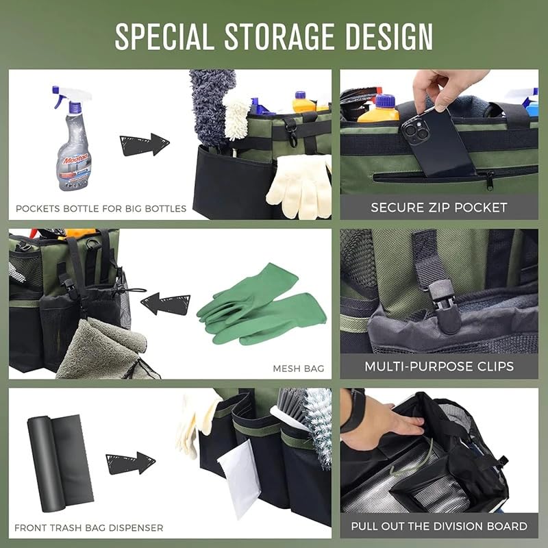 Wearable Cleaning Caddy Organize Bag with Spray bottle & Towel,Handles for Cleaners & Housekeeper,Under Sink & Car Cleaning Tool Organizers Bag with Adjustable Shoulder Strap&Waist Belt (Green) - color: Green
