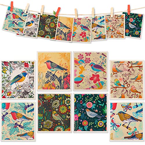 Lucomb 8 Pack Swedish Dishcloths for Kitchen, Reusable Soft Kitchen Towels Dish Cloths Set Absorbent Sponge Cleaning Washable Quick Drying Bar Hand Washing (Birds Flowers) - color: Birds Flowers