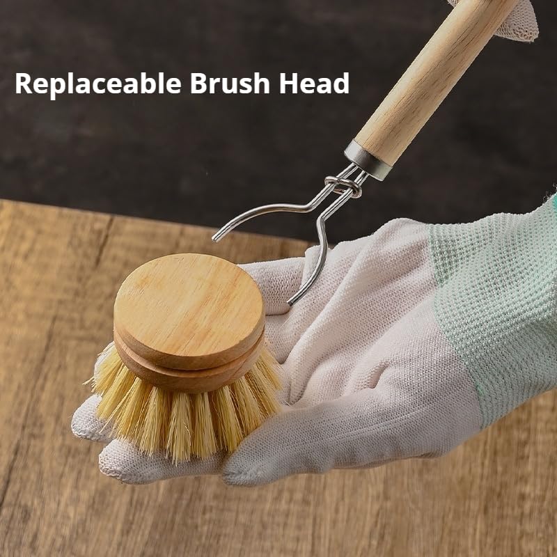 Bamboo Dish Brush - Kitchen Scrub Brushes with 3 Replacement Heads | Natural Bristle | Sisal | Horse Hair - Pot Brush with Wooden Handle for Cleaning Grills, Pans, Stoves