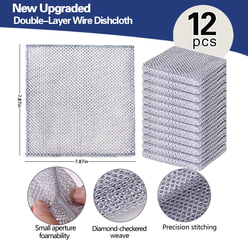 12pcs Scratch-Free Steel Dishcloths. Reusable, Quick-Dry, Odorless. Perfect for Dishes, Sinks, cookware. 7.87"x7.87". (12, Light Gray, Large) (12pcs[Double Layer Silver], 7.87×7.87inch) - color: 12pcs[double Layer Silver]