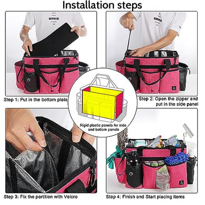 Large Cleaning Caddy Bag Built-in Sturdy Support Board, Cleaning Organizer with Detachable Divider, Cleaning Supply Tote with Adjustable Shoulder Strap&Waist Belt for Cleaners & Housekeeper - color: Rose Red