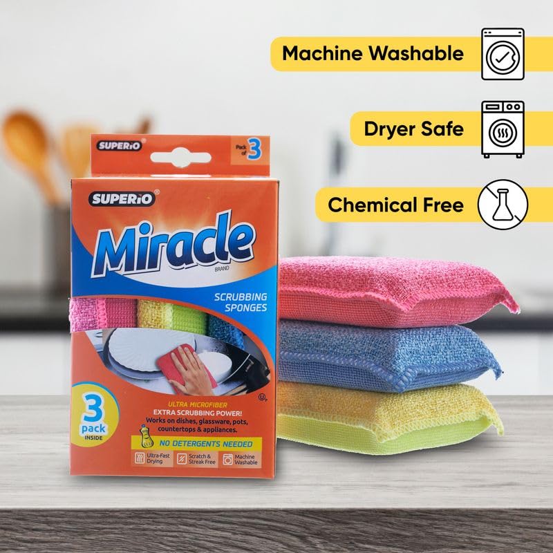 Miracle Microfiber scrubbing Sponges Non-Scratch Sponge Scrubber Heavy Duty Multi-Purpose Cleaning of Dishes, Kitchen, Baths, and Countertops, Machine Washable, 3 Pack, by Superio