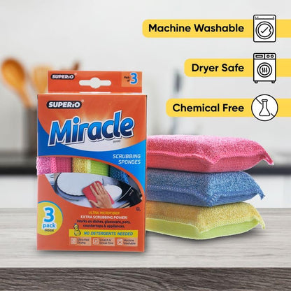 Miracle Microfiber scrubbing Sponges Non-Scratch Sponge Scrubber Heavy Duty Multi-Purpose Cleaning of Dishes, Kitchen, Baths, and Countertops, Machine Washable, 3 Pack, by Superio