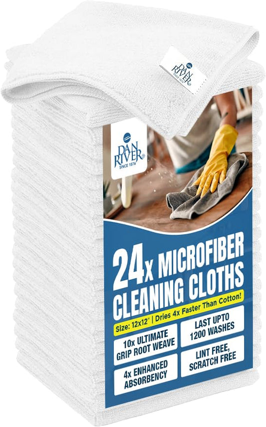 DAN RIVER 24-Pack White Microfiber Towels – Ultra Absorbent, Lint Free Towels & Streak-Free for Home, Car & Kitchen - Must-Have Cleaning Essentials - 12" x 12" - color: White, size: Microfiber 24 Pack