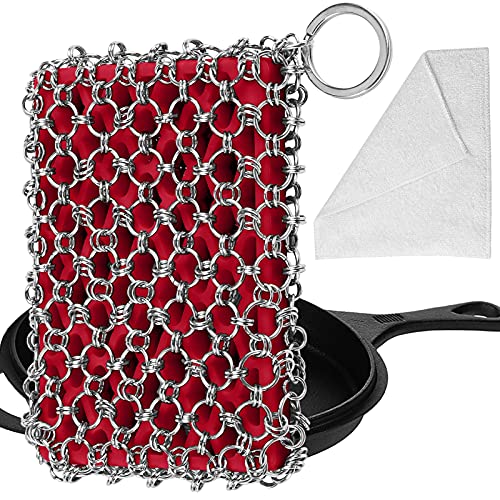 Herda 316L Cast Iron Scrubber Cleaner, Large Cast Iron Chain Mail Scrubber - Chainmail Scrubber Sponge - Metal Skillet Scrubbing, Wok, Dutch Oven Cleaning Kit - color: Red