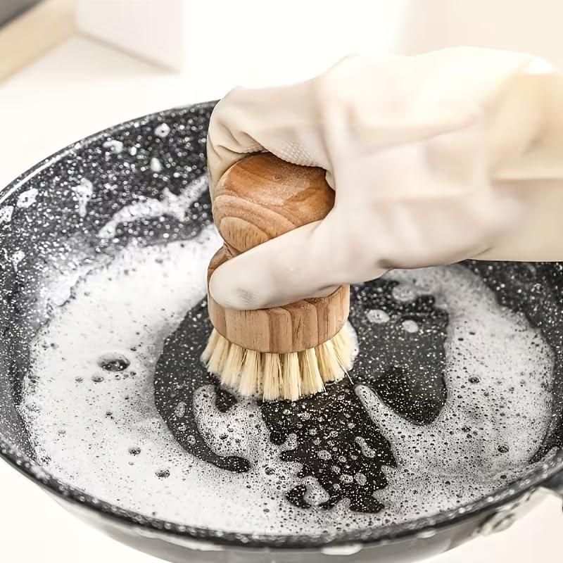 Kitchen Brush for Cleaning Dishes and Pans, Rustic Design Cleaning Brush with Built-in Drying Stand, Dish Brush with Drip Tray for Sink Countertop Organization