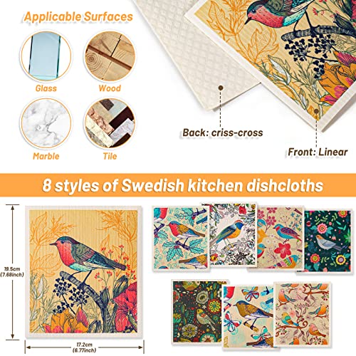Lucomb 8 Pack Swedish Dishcloths for Kitchen, Reusable Soft Kitchen Towels Dish Cloths Set Absorbent Sponge Cleaning Washable Quick Drying Bar Hand Washing (Birds Flowers) - color: Birds Flowers