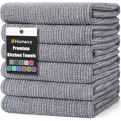 Homaxy Premium Kitchen Towels(18”x 28”, 6 Pack), Large Cotton Kitchen Hand Towels, Flat and Terry Dish Towels, 380 GSM Highly Absorbent Tea Towel Set with Hanging Loop, Grey - color: Grey, style: 6-pack