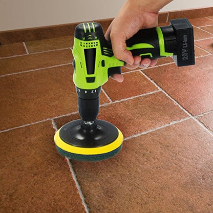 5 Inch Drill Powered Brush Tile Scrubber Scouring Pads Cleaning Kit, 2 Different Stiffness, 5-Inch Disc Pad Holder with 6 Scrubbing Pads, Cleans Large Flat Areas Perfectly (5-inch)