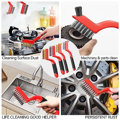 Wire Brush Set, 4-Piece - Nylon/Brass/Stainless Steel Wire Brush/Cleaning Towel with Curved Handle for Rust Removal, Stain Removal and Paint Brush Deep Cleaning - 7-Inch and 8-Inch (Red)