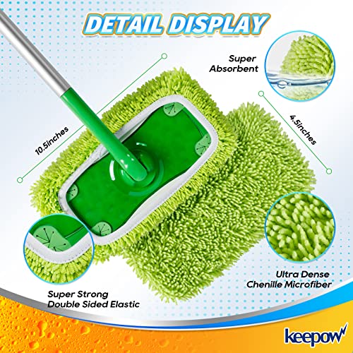 KEEPOW 2 Pack Reusable Chenille Microfiber Mop Pads Compatible with Swiffer Sweeper, Washable Dry Sweeping Cloths and Wet Mopping Refills with Mesh Laundry Bag - color: 2 Pack, Green