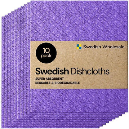 Swedish Wholesale Dishcloths Reusable 8" x 7" Sponge Cloths, Bulk 10 Pack of High Absorbent Cellulose Dish & Kitchen Cleaning Hand Towels, Wring to Dry & Machine Wash, Odor Resistant, Purple - color: Purple