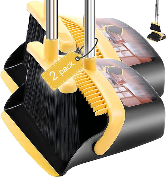 2-Pack is More economical,Brooms with Dustpan Combo Set， with 52" Long Handle, Dustpan Teeth with self-Cleaning Function, Indoor and Outdoor Sweeping, Perfect for Home Office (Large/Yellow/ 2-Pack) - color: Large/Yellow/ 2-pack
