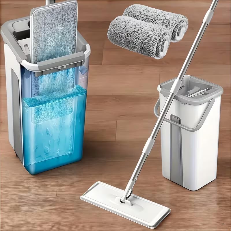 Mop and Bucket Set with AUTO Pump, 3-Zone Separate Dirty and Clean Water, Flat Mop and Bucket System with Wringer and Wheels, 2 Reusable Microfiber Pads, One-Touch Water Filling for Home Cleaning